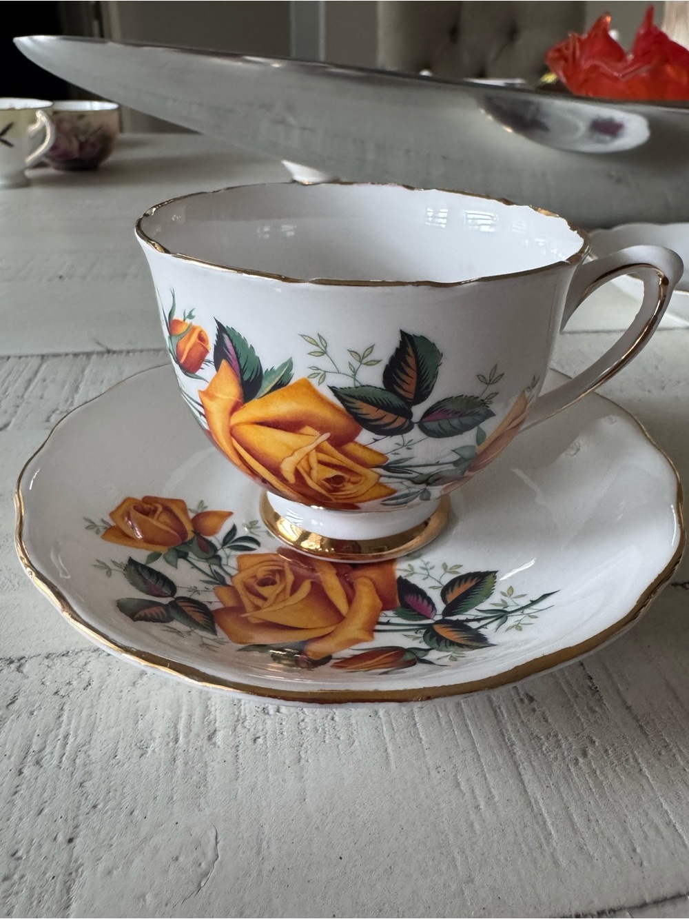 Vintage Colclough Bone China Orange Rose Teacup & Saucer made in England